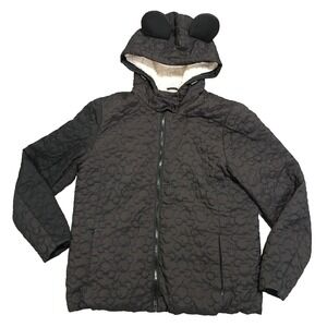 Disney Mickey Mouse Ear Hood Quilted Mickeys Sherpa Lined Jacket Black Size L